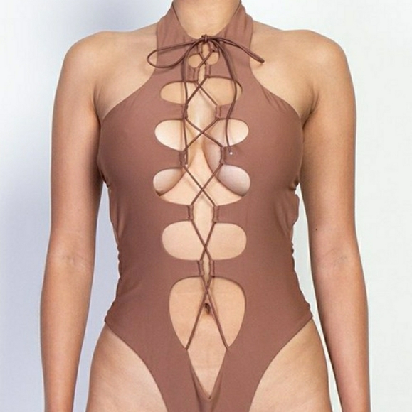 Cutout Lace Up Asymmetric One Piece - Picture 1 of 4